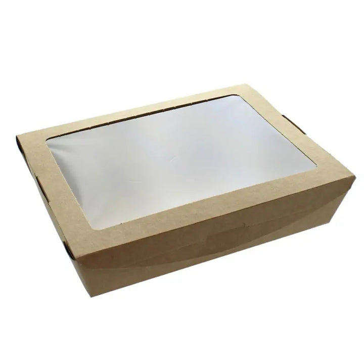 Kraft biodegradable salad carton with clear plastic window for leak-proof storage