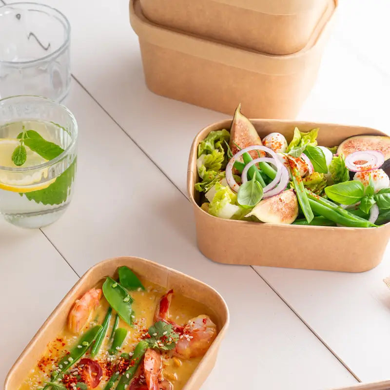 Eco-friendly kraft food container with bamboo lunch box, shrimp and salad