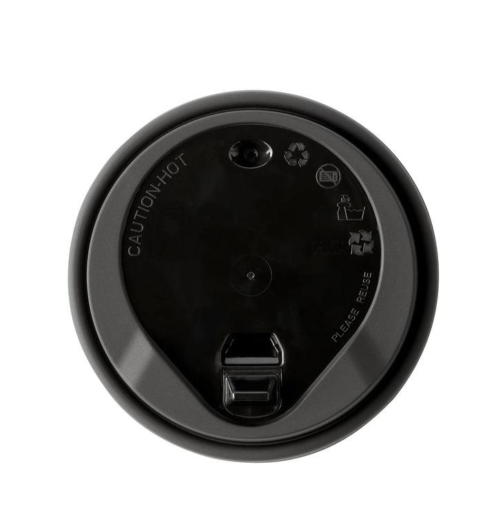 Large 90mm black reusable polypropylene hot drink lid with hinged opening and embossed safety warnings