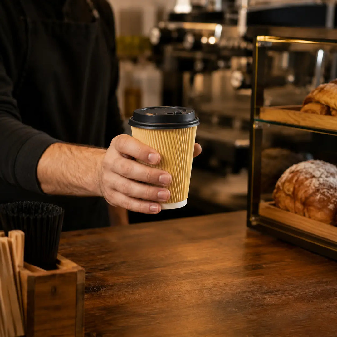A brown ribbed paper coffee cup with a 90mm black reusable polypropylene tab lid for hot drink lids