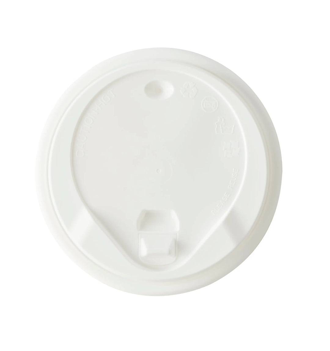 Large 90mm white reusable polypropylene tab lid for hot drink cups with central drinking hole and easy removal tab