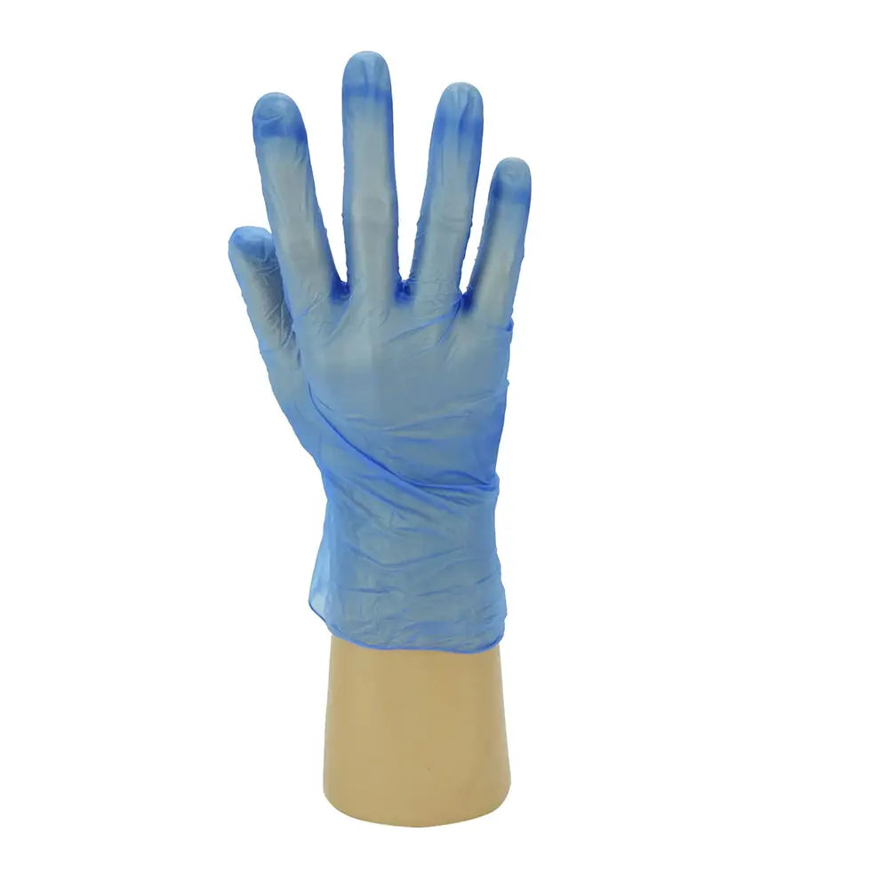 Blue Vinyl Powder Free Disposable Glove Shield GD13 on a hand-shaped form