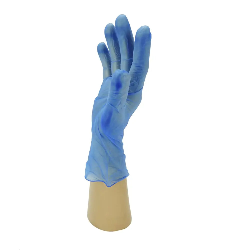 Blue vinyl powder free disposable glove worn on hand model for protection and comfort