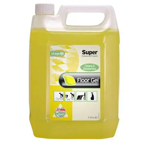 Yellow plastic container of Lemon Floor Gel cleaning product for effective floor cleaning