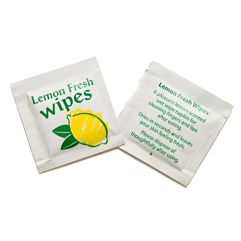 Lemon scented disposable wet wipes in individual packets from Lemon Scented Hand Wipes UK