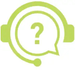 Light green speech bubble with headphones and a question mark icon.