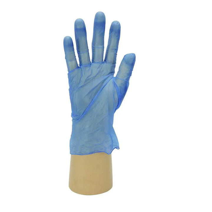 Blue vinyl powder free disposable glove on a hand-shaped display form