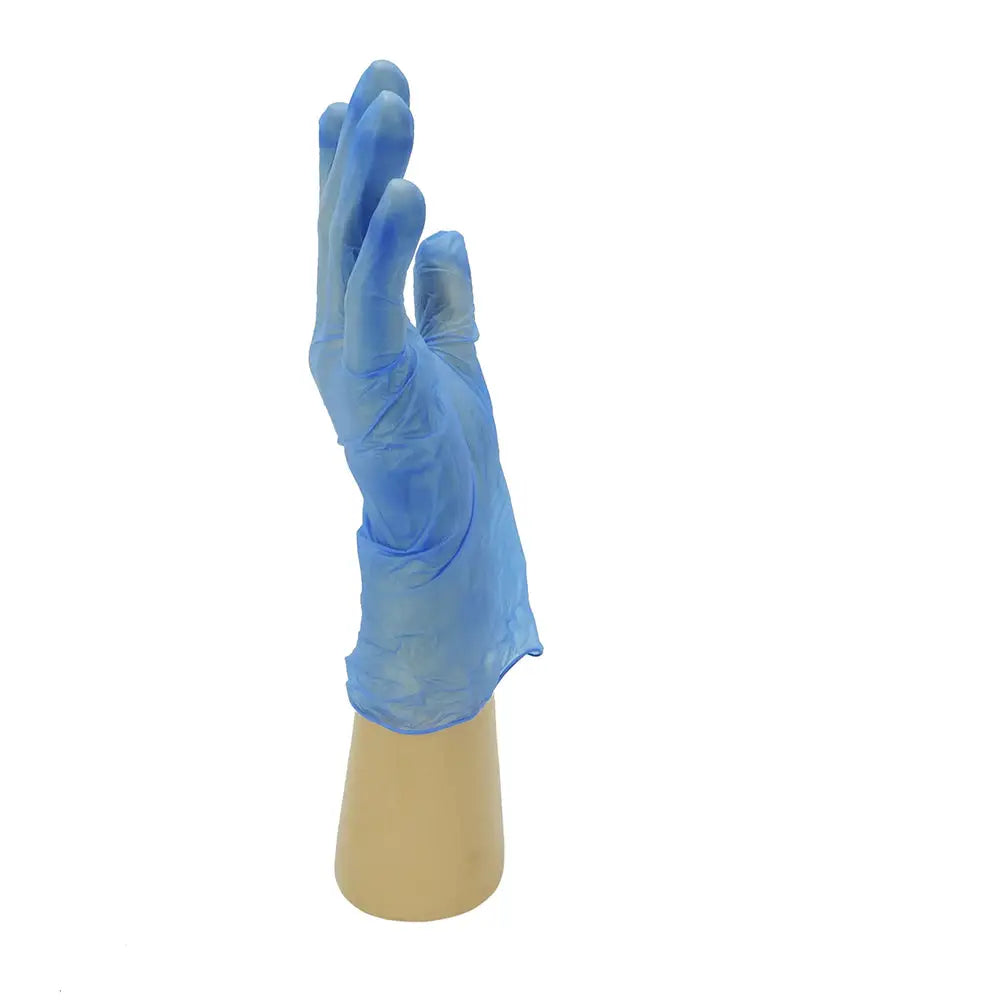 Blue Vinyl Powder Free Disposable Glove Shield GD13 on hand-shaped display stand