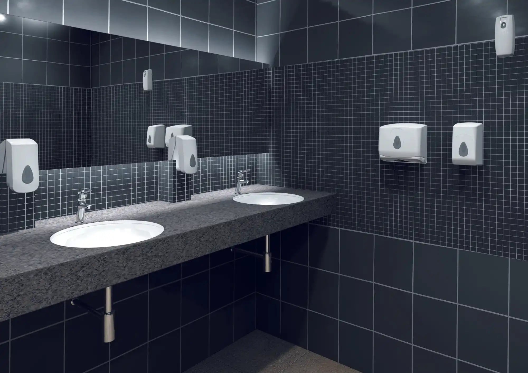 Modern public restroom with dual sinks and wall-mounted dispensers.