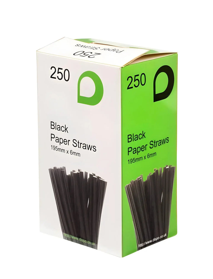 Box of 250 black paper straws 200mm x 6mm for eco-friendly sipping options