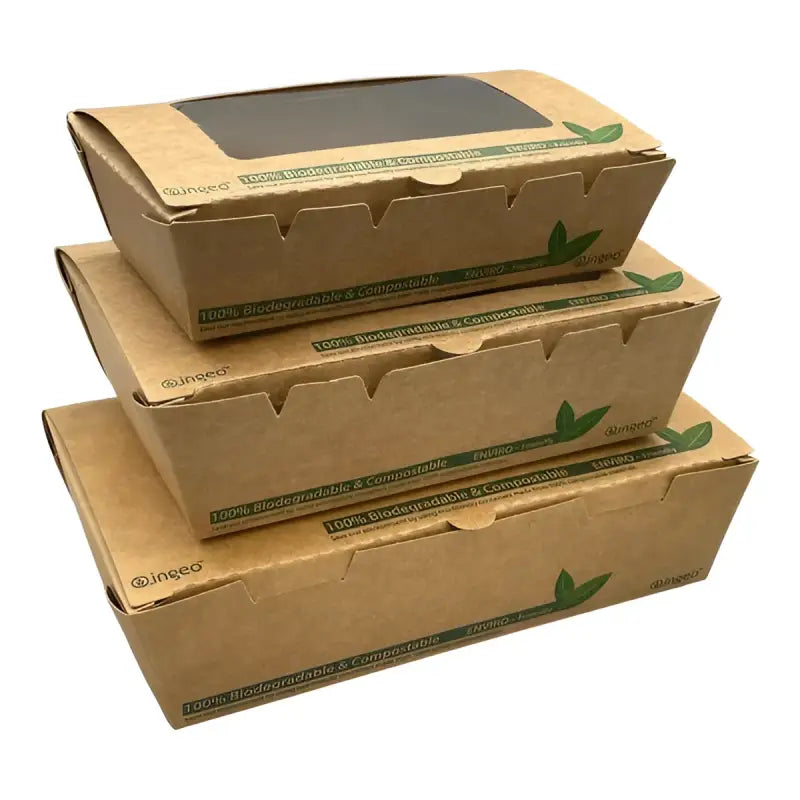 Stacked biodegradable salad boxes with compostable PLA lining and kraft window design