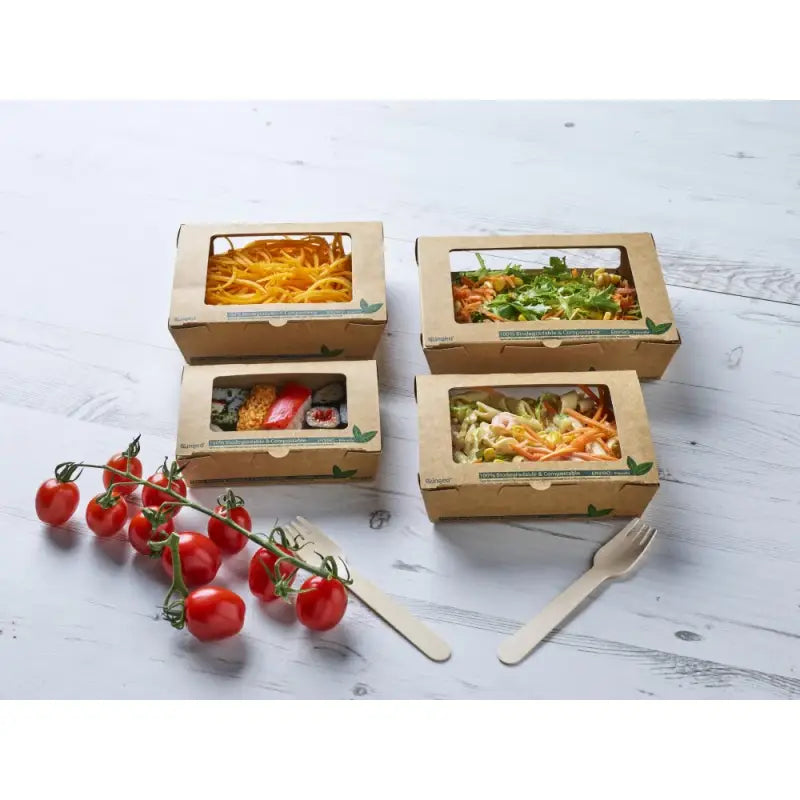 PLA Tuck Top Kraft Window Salad Box with visible contents, compostable PLA lined