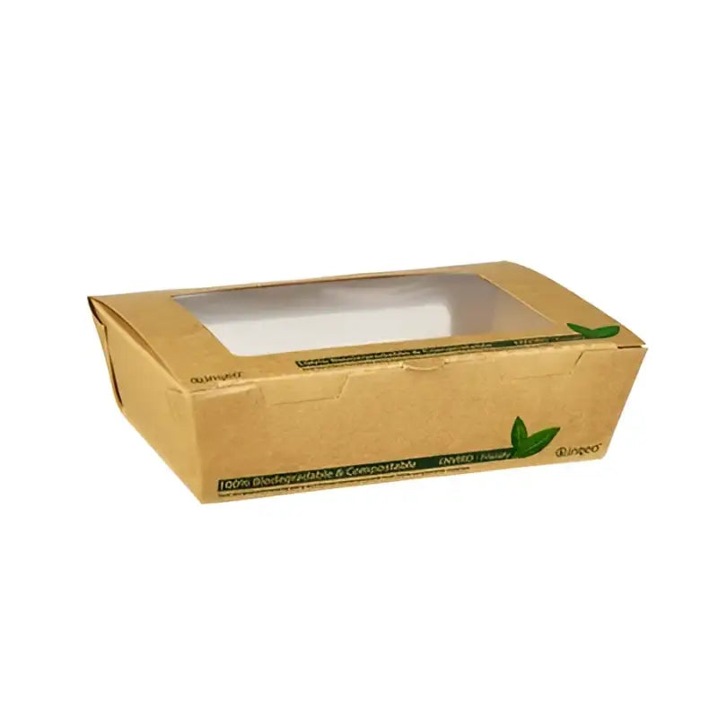 Rectangular brown compostable PLA-lined salad box with clear window for fresh salads
