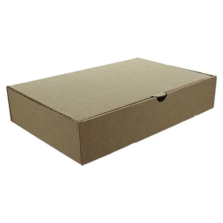 Plain brown fish and chips box with a flap-style lid for takeout convenience