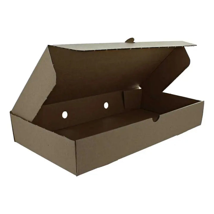 Open lid of a plain brown fish and chips box showcasing its corrugated design