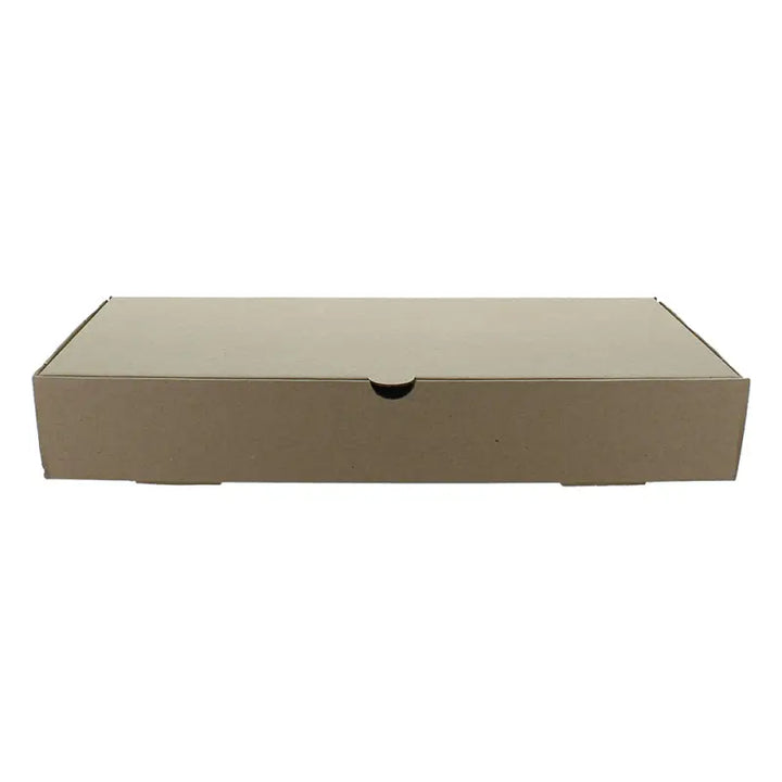 Plain brown cardboard pizza box with a front flap for chips and fish