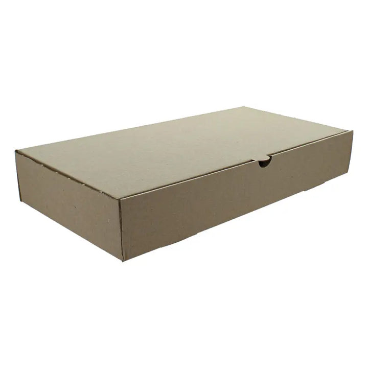 Plain brown fish and chips box with flat top and front-opening flap for easy access