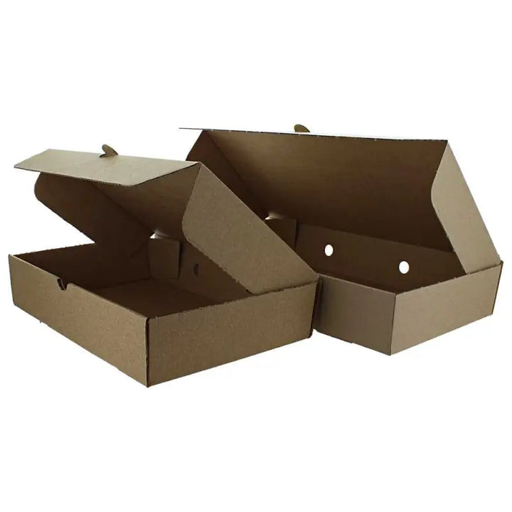 Plain brown fish and chips box display showing closed and open corrugated boxes