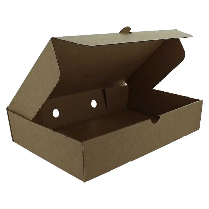 Open plain brown fish and chips box with ventilation holes for crispy takeout