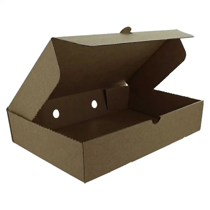 Open plain brown fish and chips box with ventilation holes for crispy takeout