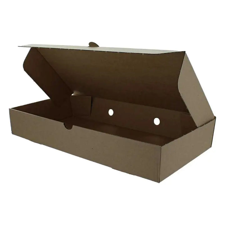 Open plain brown fish and chips box with two circular holes visible inside