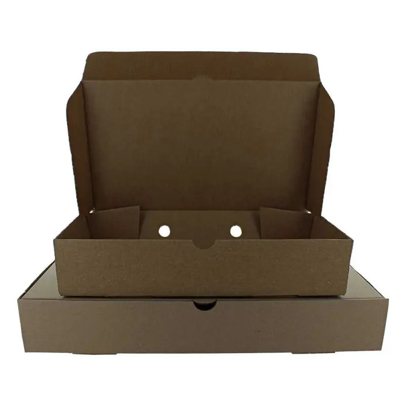 Open cardboard pizza box featuring plain brown fish and chips boxes inside
