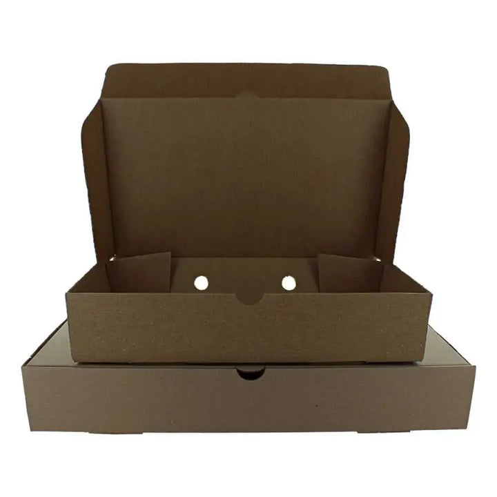 Open cardboard pizza box featuring plain brown fish and chips boxes inside