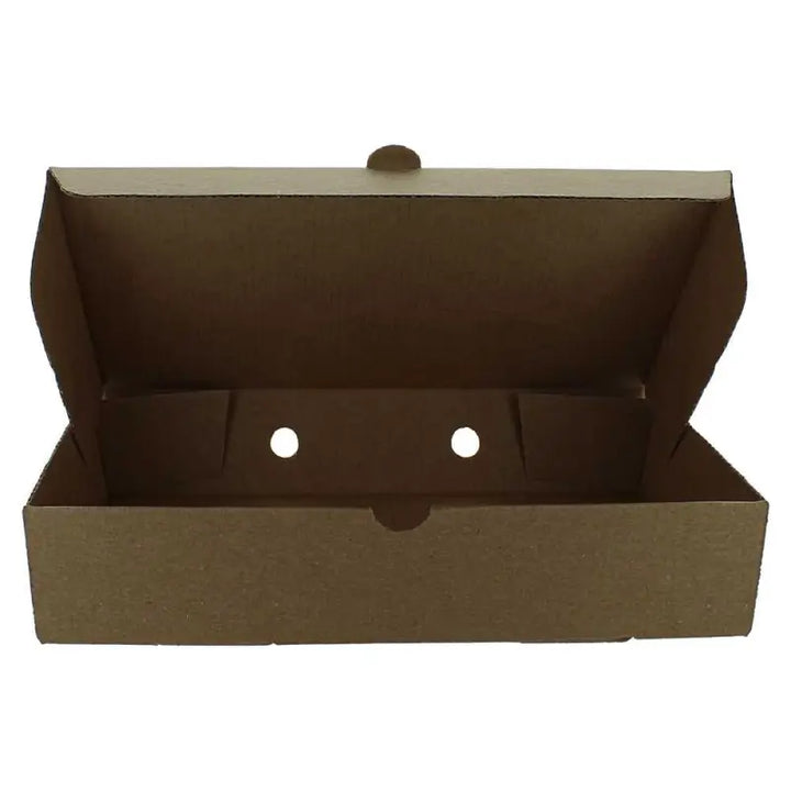 Open cardboard box showcasing a Plain Brown Fish and Chips Box design
