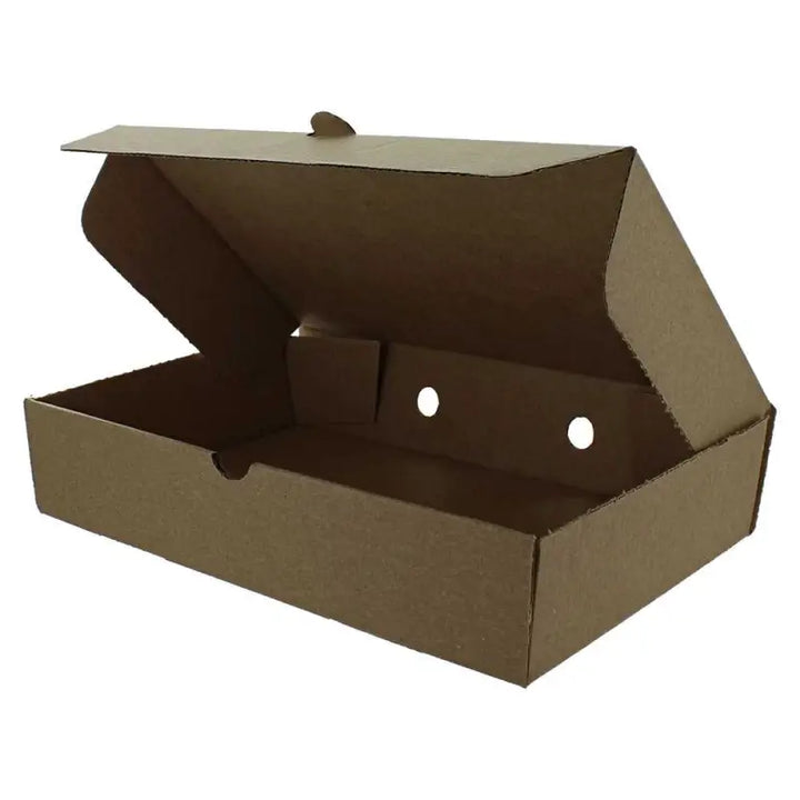 Open cardboard box with hinged lid for Plain Brown Fish and Chips Box