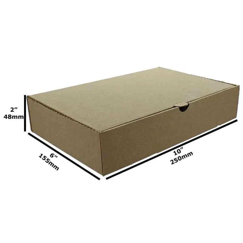 Flat cardboard box labeled with dimensions for Plain Brown Fish and Chips Box