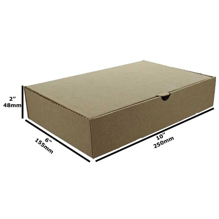Flat cardboard box labeled with dimensions for Plain Brown Fish and Chips Box
