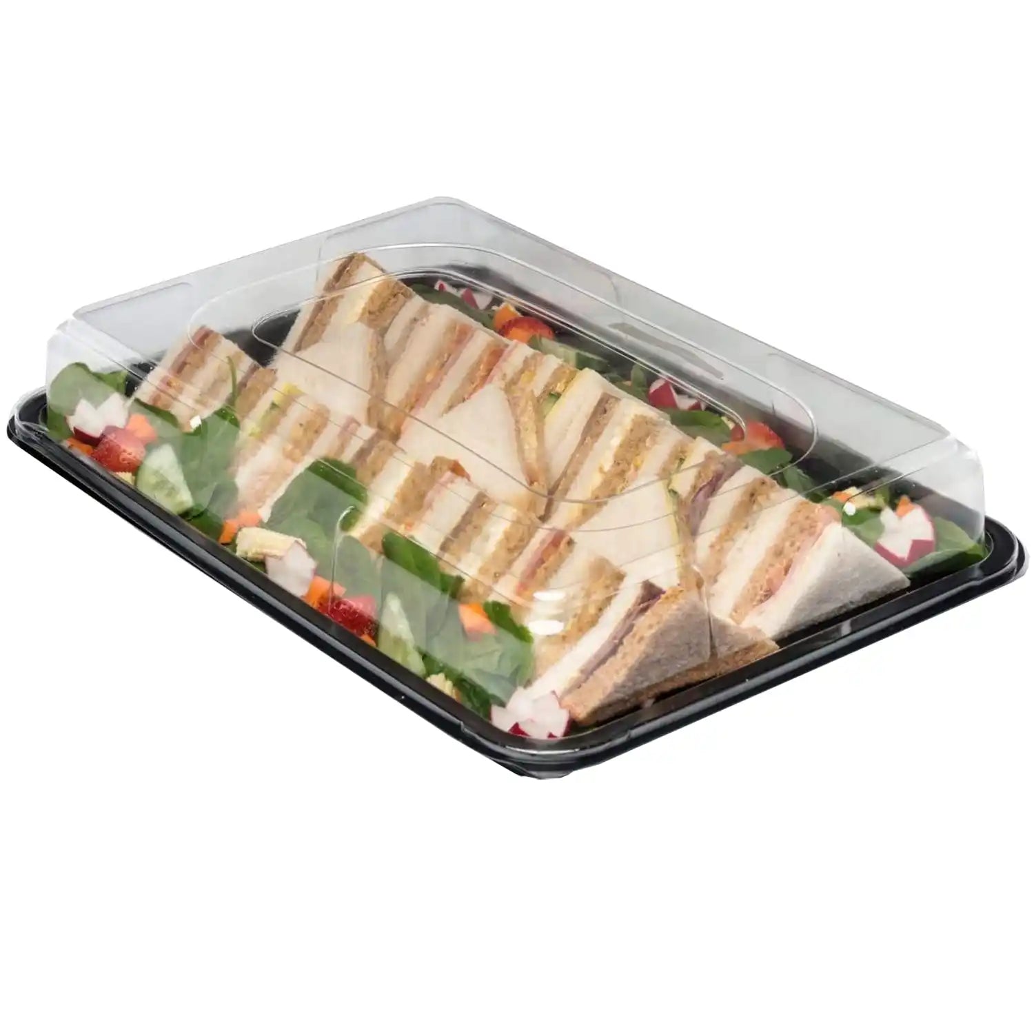 Platter of triangle-cut sandwiches with salad garnish in a plastic container with clear lid.