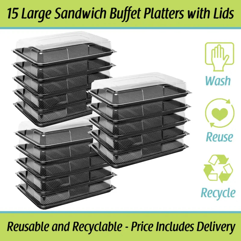 Stacks of Premium Large Sandwich Platters with clear lids, made from food grade materials