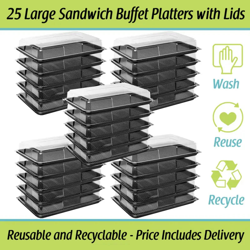 Stacks of Premium Large Sandwich Buffet Platters with Food Grade Clear Lids