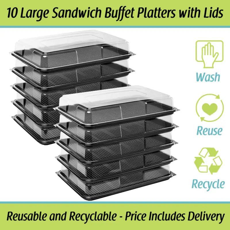Stack of Premium Large Sandwich Buffet Platters with Clear Lids, Food Grade Quality