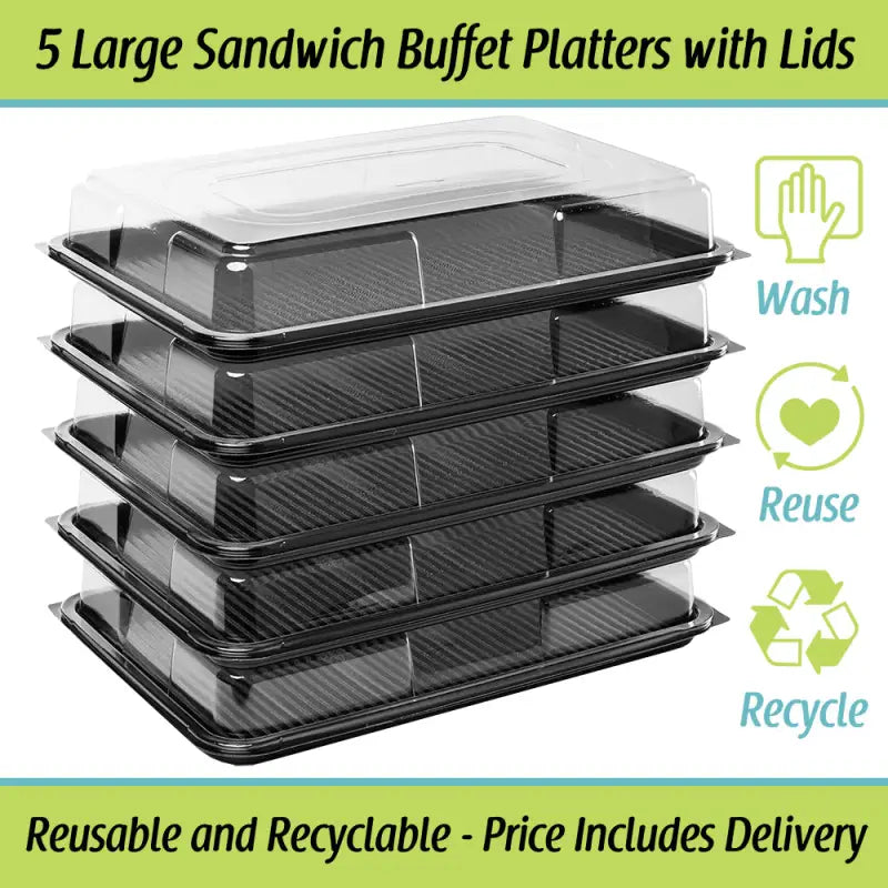 Stack of five Premium Large Sandwich Buffet Platters with food grade lids