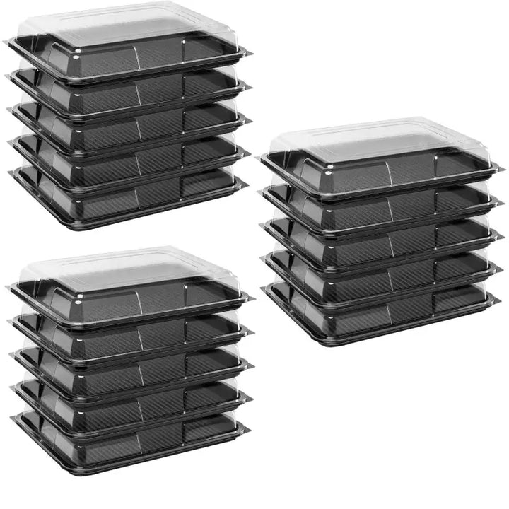 Stacks of food grade black plastic containers with clear lids for Premium Medium Sandwich Platter