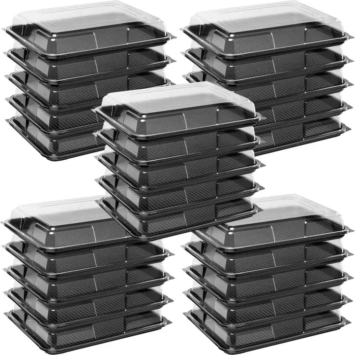Stacks of black food grade containers for Premium Medium Sandwich Platter Base with Lid