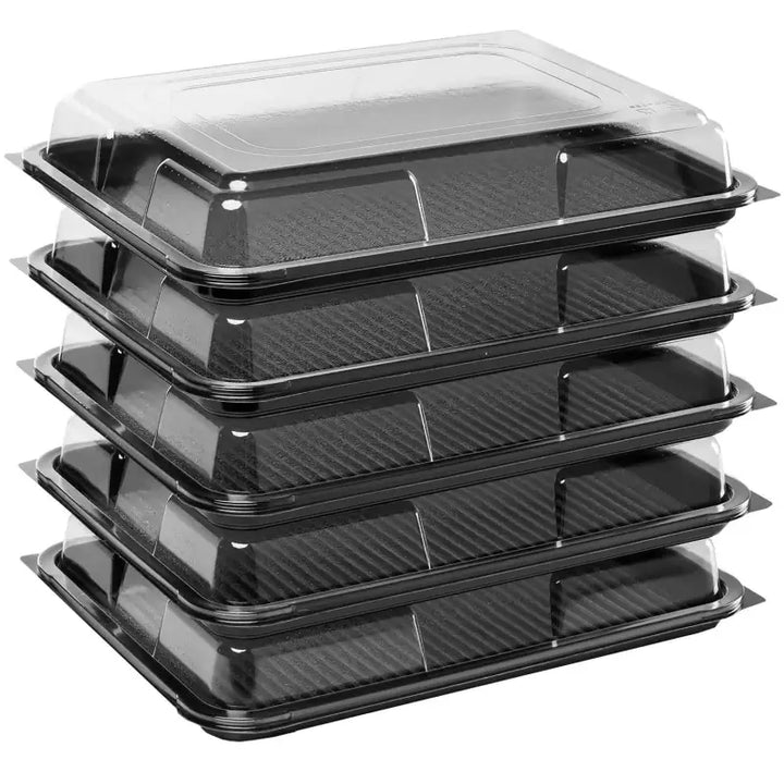 Stack of five black food grade trays with clear lids for Premium Medium Sandwich Platter