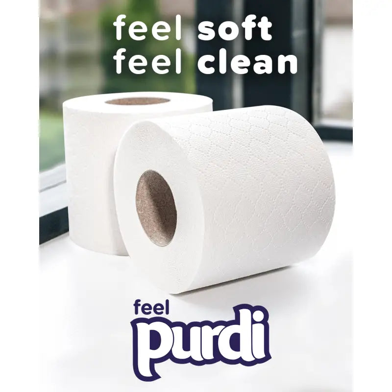 Purdi 3-ply toilet tissue rolls with soft white texture, case of 40 UK-made
