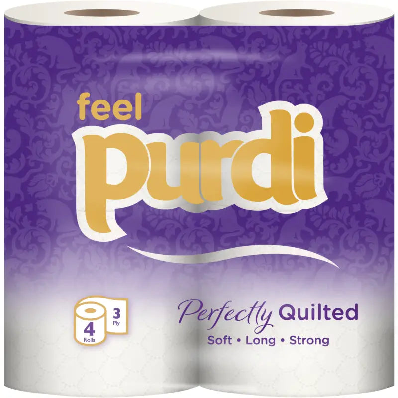 Purdi 3-ply toilet tissue rolls in purple white quilted packaging, case of 40