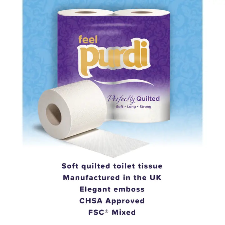 Soft, long Purdi toilet tissue, 3-ply quilted UK-made rolls