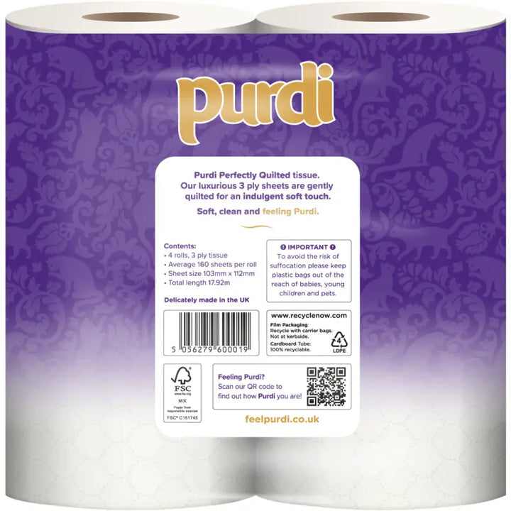 Purdi 3-ply white toilet tissue rolls with gold branding on purple background