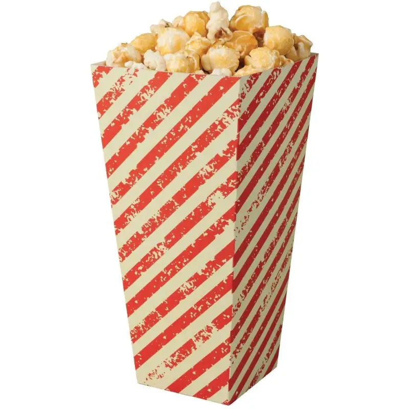 Striped cardboard popcorn container filled with white popcorn from candy cartons UK