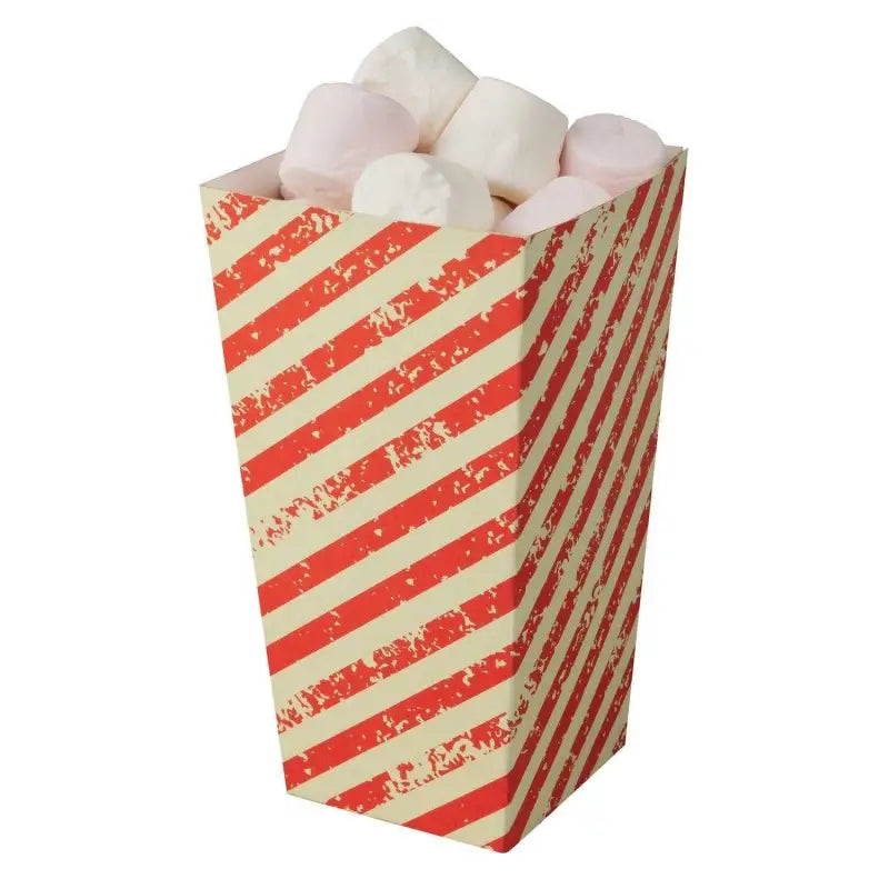 Striped popcorn container filled with white popcorn sweets from Candy Cartons UK Clearance Stock