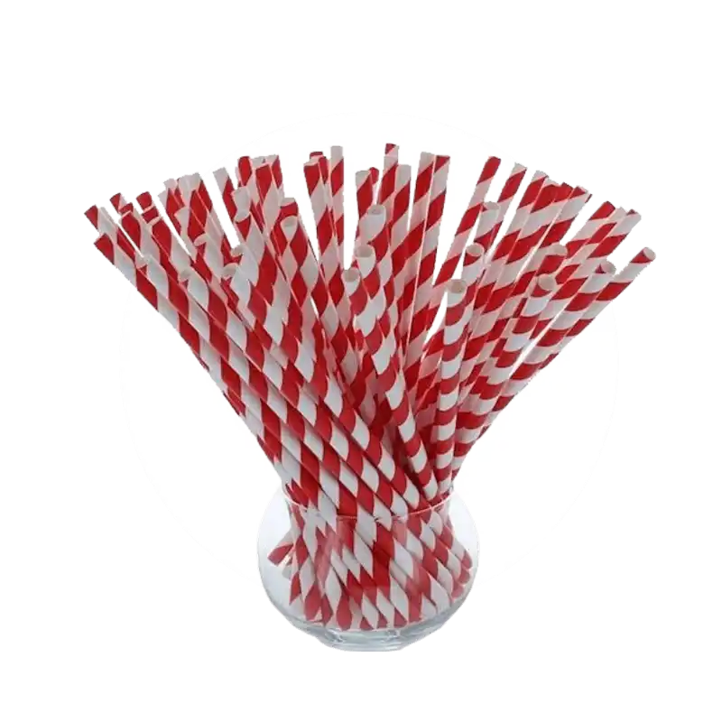 Red and white striped paper drinking straws arranged in a fan pattern.