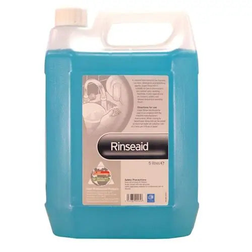 Plastic container of blue Rinseaid liquid for effective dishwashing use