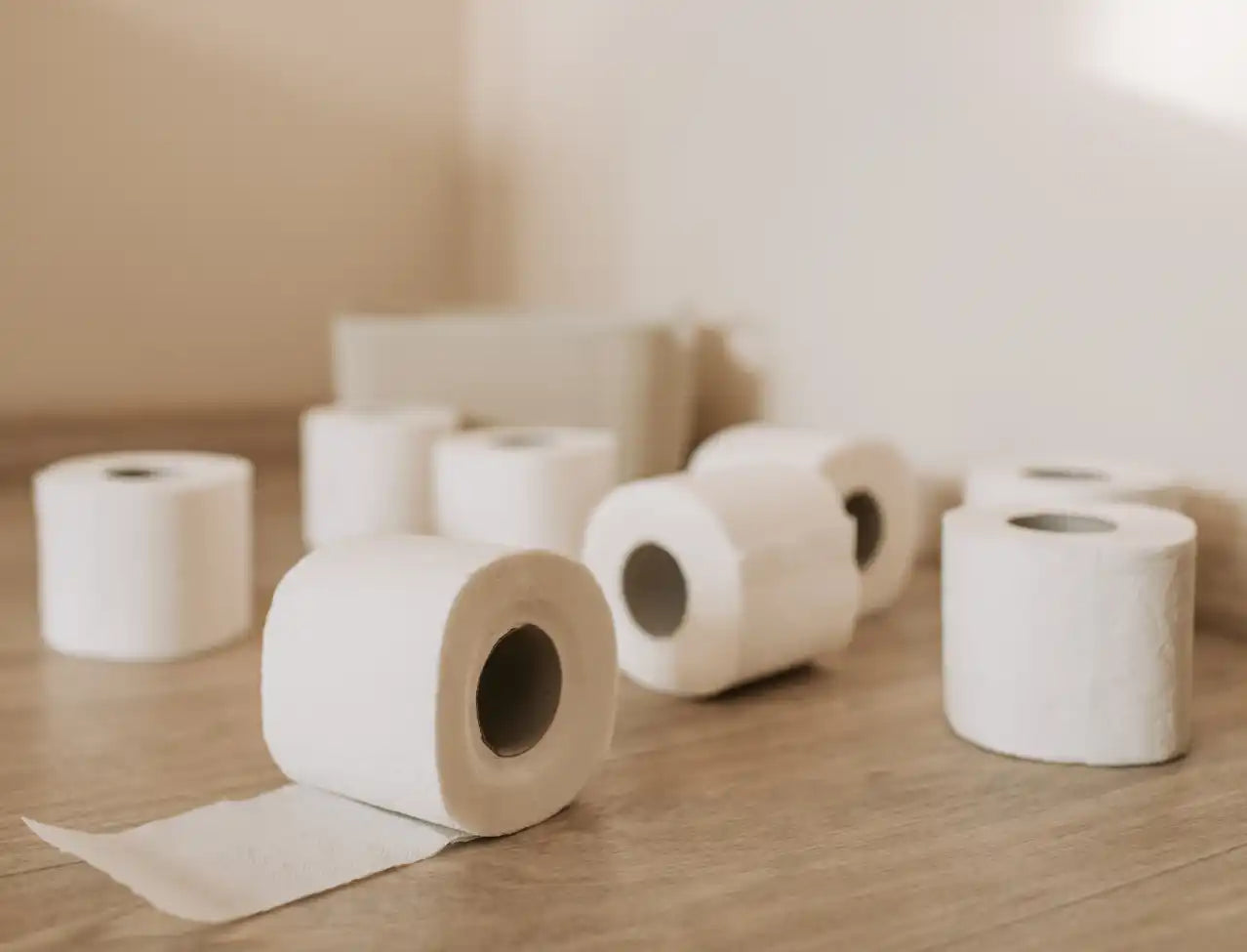 Several rolls of white toilet paper scattered on a surface.