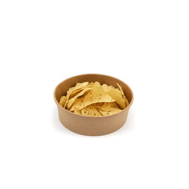 Round Kraft Food Container bowls with lids holding triangular tortilla chips