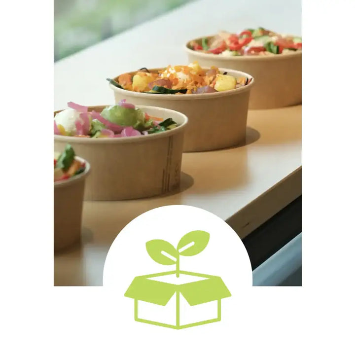 Multiple bowls of fresh kraft food in round kraft food container bowls with lids